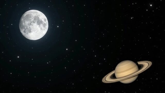 Full Moon and Saturn Conjunction in Starry Night Sky