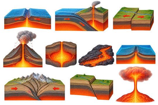 A collage of diagrams illustrating various geological processes, including tectonic plate movement, volcanoes, and mountain formation Transparent Background. AI generative