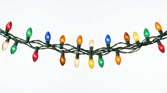 Christmas string lights with multicolored bulbs hanging against a plain white background