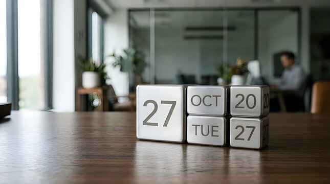 Modern office desk with metallic block calendar showing tuesday october 27 calendar business