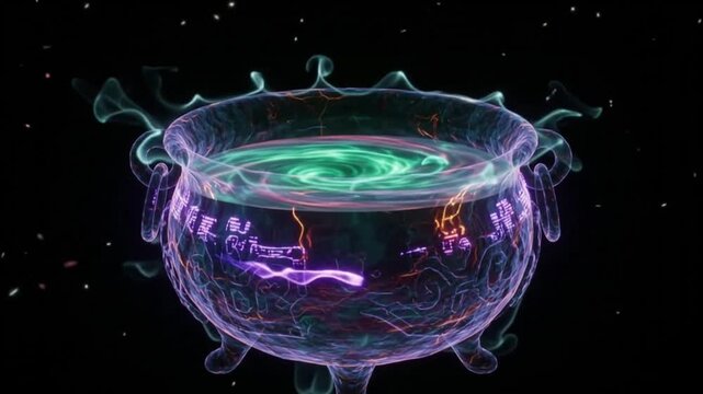 Magical glowing Halloween cauldron brewing a sparkling green and purple potion in deep cosmic space backdrop