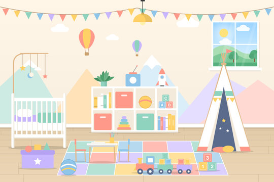Kids playroom and nursery interior flat vector illustration with crib, teepee tent, toy shelf, wooden train, blocks and pastel mountain wall