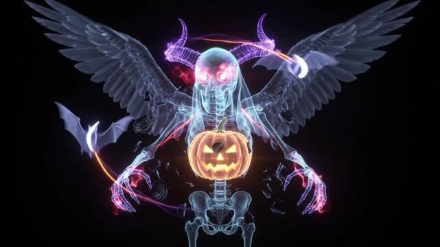 Spooky glowing skeleton with wings, horns, and a Halloween pumpkin lantern in its chest, flying bats and dark fantasy digital illustration