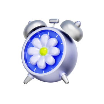 3D illustration of alarm clock with blooming flower for spring time, daylight saving, seasonal schedule, morning wake up, and floral event reminder.