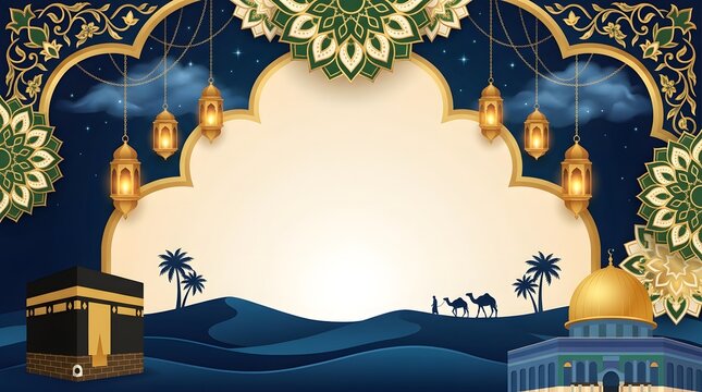 Deep blue Islamic banner with gold mandala ornaments, hanging lanterns, clouds, Kaaba, Dome of the Rock, and blank space in the center.