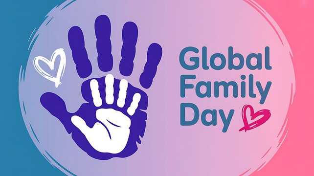 Global family day celebration with a purple handprint and heart symbols on a gradient background
