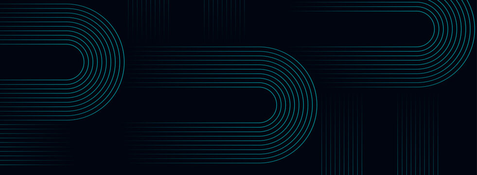 Abstract Dark Blue Geometric Line Background with Modern Curved Parallel Track Stripes on Minimal Black Backdrop for Futuristic Tech Banner, Digital Data Cover, and Cyber Web Design
