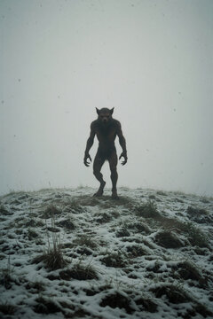 Vertical photo of a scary werewolf standing on a snowy hill. Dark hairy monster with claws in a cold winter landscape with thick fog and falling snow