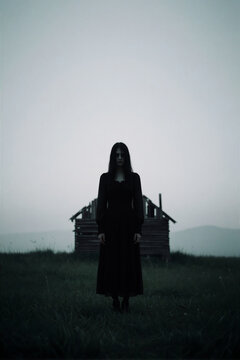 Vertical portrait of a pale woman in a black dress standing in a grassy field. Spooky ghost concept with an abandoned wooden cabin under a gloomy overcast sky