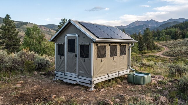 Compact modular emergency shelter in scenic mountain wilderness for