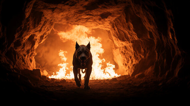 Dark muscular dog walking out of a burning cave. Hellhound silhouette against bright orange flames in a rocky tunnel