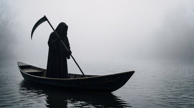 Grim reaper standing in a wooden boat on a misty river. Dark hooded figure holding a scythe in thick fog. Halloween horror concept