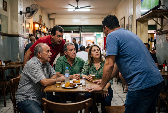 Fam&iacute;lia e amigos conversam &agrave; mesa em restaurante popular.