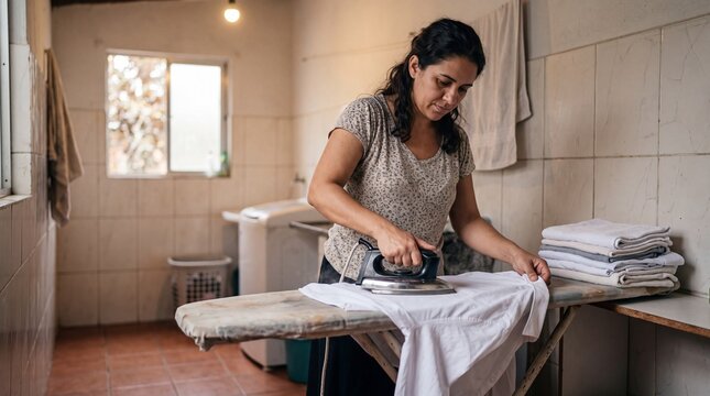 Mulher passando roupa em ambiente dom&eacute;stico.
