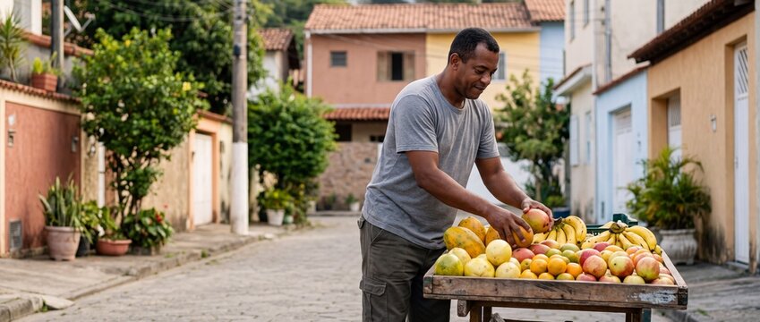 Homem trabalhador vendendo frutas frescas em carrinho na rua de uma vila brasileira