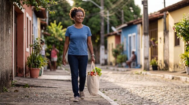 Mulher caminhando feliz com sacola ecol&oacute;gica cheia de vegetais frescos.