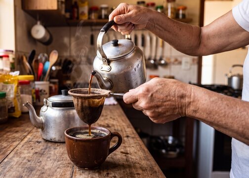 Pessoa coando caf&eacute; em coador de pano tradicional em cozinha r&uacute;stica brasileira