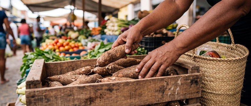 M&atilde;os de trabalhador escolhendo mandioca em caixa de madeira na feira livre