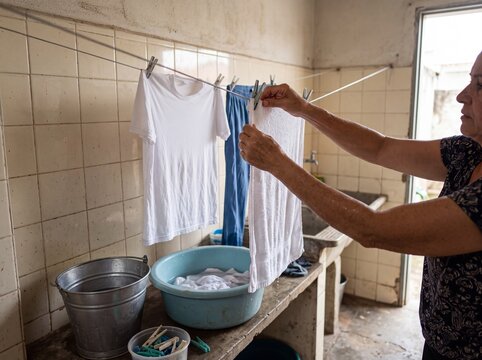 Mulher idosa estendendo roupas limpas em varal dentro de lavanderia r&uacute;stica com bacia