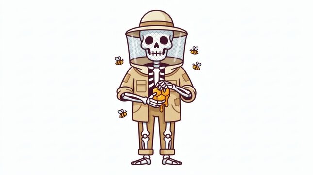 Flat Vector Skeleton Beekeeper Character Honeycomb Halloween Illustration

