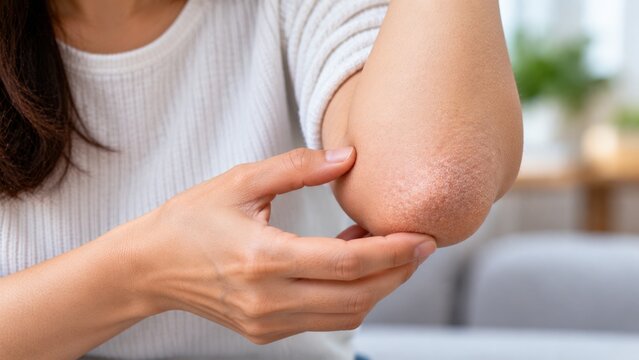 Woman in white long-sleeved shirt is touching her dry skin on the elbow in a bright room.