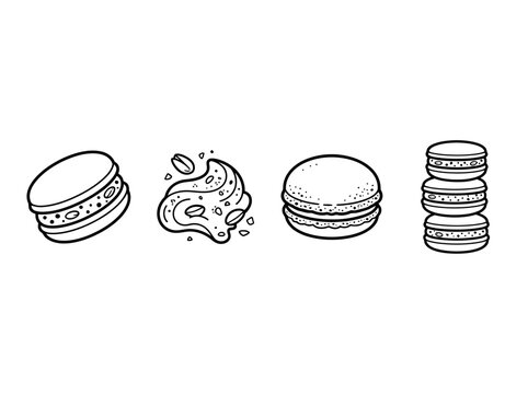 Set of pistachio macaron vector icons illustrating sweet almond cookies and creamy fillings in a simple minimalist line art style