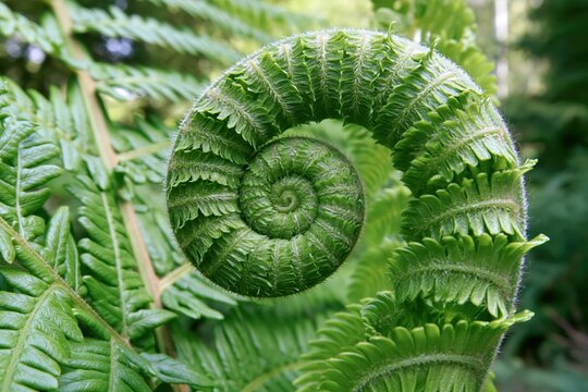 Close-up of a Green Fern Frond Unfurling in a Spiral