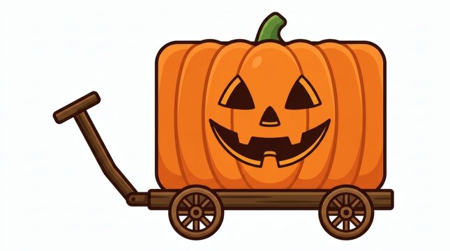 Flat Vector Pumpkin Faced Wagon Character Wooden Wheels Halloween Illustration

