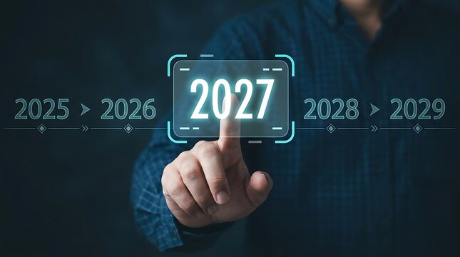 Person touching screen displaying year 2027 amongst timeline years 2025 2026 2028 2029 indicating future progress and planning.