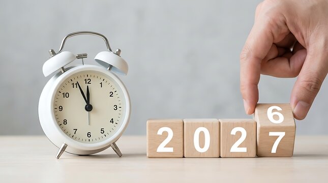 Hand changing wooden block from 2027 to 2026 next to alarm clock symbolising upcoming year transition and time passing by.
