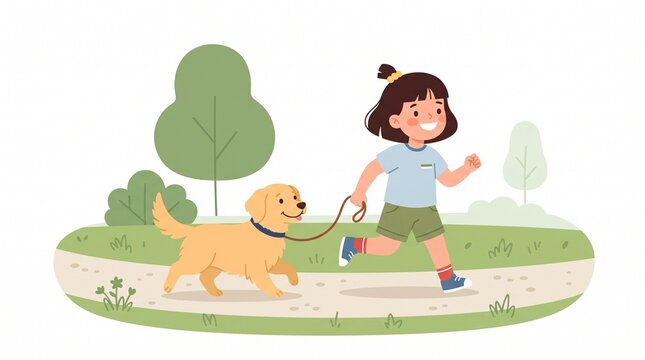 Happy girl running with her golden retriever dog on a leash in a park