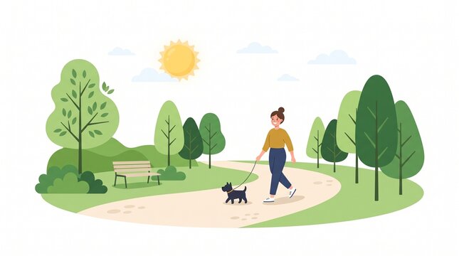 Woman walking her dog in a park on a sunny day