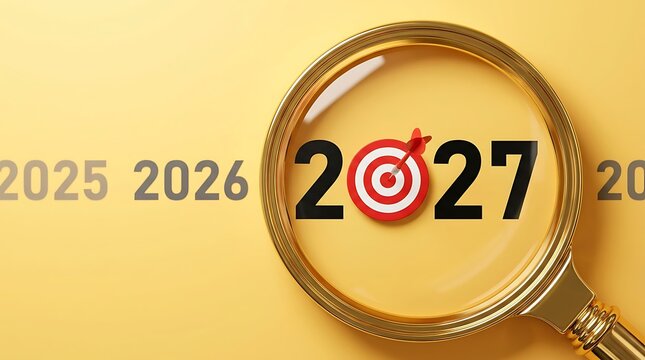 Magnifying glass highlights year 2027 with target and arrow, representing business goals and successful achievements on yellow background.