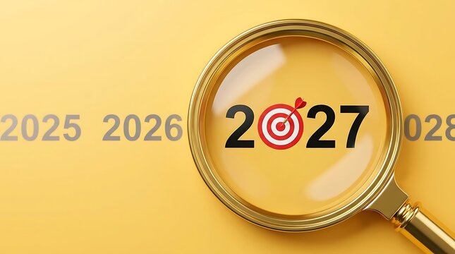 Magnifying glass highlights year 2027 with target and arrow, representing business goals and successful achievements on yellow background.