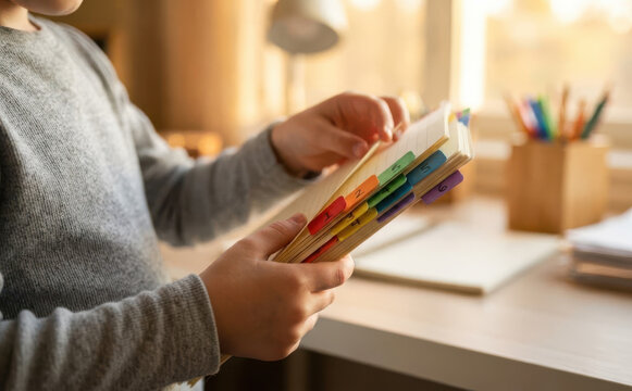 Young boy holding indexed notebook with colorful tabs at wooden study desk