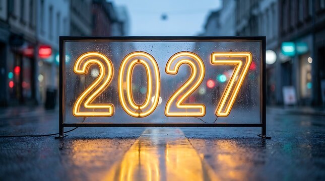 Orange neon 2027 sign standing on a wet pavement captures a moody city vibe during rainy evening perfect for modern new year celebrations and urban designs.