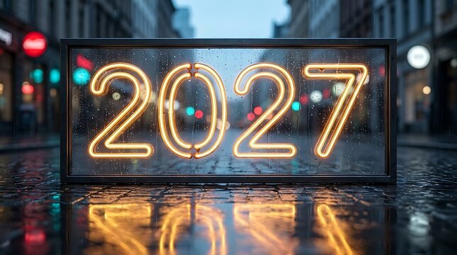 Vibrant orange neon 2027 sign displayed on rainy city street, illuminated by city lights, creating reflections.