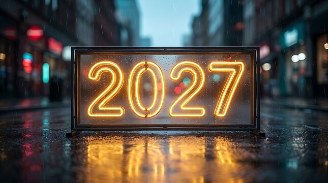 Bright orange neon 2027 sign illuminates wet city street at night, reflecting on wet asphalt.