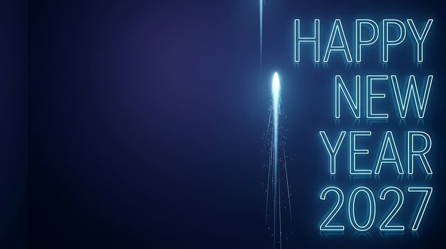 Blue neon lights spell out Happy New Year 2027 with a luminous streak on dark background.