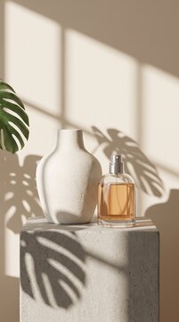 Elegant perfume bottle and vase with tropical leaf shadows on a neutral background