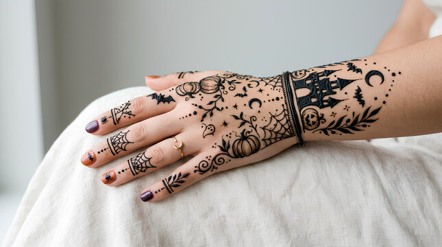 Detailed Halloween henna art on hand with haunted house and bats