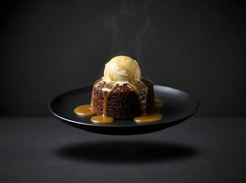 A delicious steaming sticky toffee pudding dessert topped with a scoop of vanilla ice cream and drizzled with caramel sauce, presented on a floating black plate against a dark background