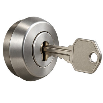 silver key inserted into a round metallic door lock cylinder with a smooth, polished finish.