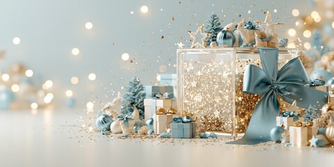 Fototapeta premium Elegant holiday scene featuring a large glitter-filled gift box with blue ribbon surrounded by miniature trees and baubles.