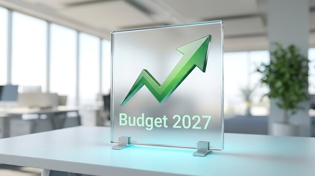 Glass sign with green upward trending arrow and text Budget 2027 on office desk, representing financial growth and planning.