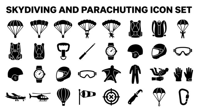 Skydiving and parachuting icon set featuring extreme sports equipment