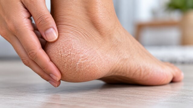 Woman with dry cracked skin on her heel indicating a need for moisturizing or foot care.