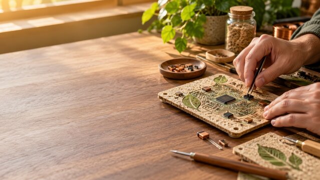 Close up hands assembling sustainable circuit board on wood table technician assembling eco friendly circuit board with natural materials