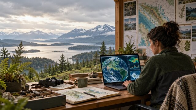 Remote researcher analyzing global climate data from scenic mountain cabin window desk with lake view