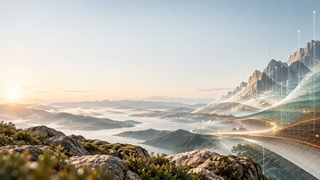 Digital transformation concept with mountain landscape data visualization integration for future technology business analytics strategy
